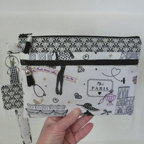 Pochette à main 2 poches zippées et dragonne, trousse à document, téléphone, tissu paris, sacoche femme