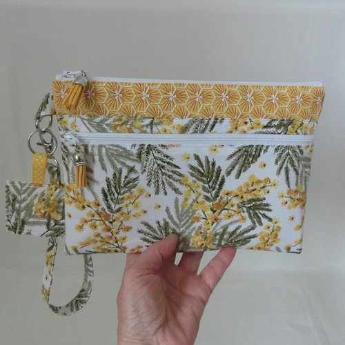 Pochette à main 2 poches zippées et dragonne, tissu fleur de mimosa, trousse à document et téléphone, sacoche femme
