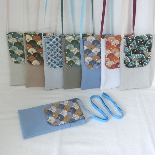 Sac bandoulière pour téléphone et documents, tissu japonais et jeans recyclé, pochette à rabat avec 2 poches, fourre tout épaule