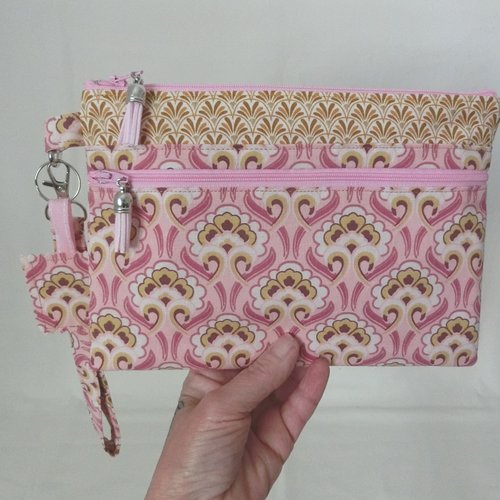 Pochette à main 2 poches zippées et dragonne, tissu fleur arabesque, trousse à document et téléphone, sacoche femme