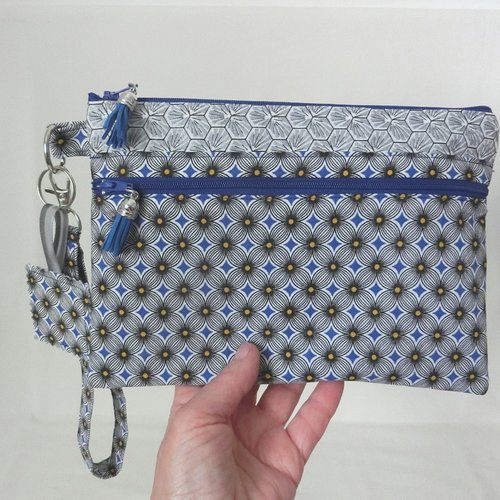 Pochette à main 2 poches zippées et dragonne, tissu fleur tournesol, trousse à document et téléphone, sacoche femme