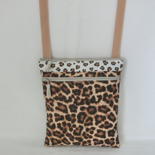 Sac pochette bandoulière 2 poches zippées, tissu fleur de crocus, sacoche téléphone et documents, besace portée épaule femme