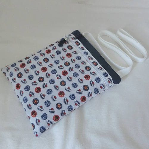 Pochette bandoulière 2 poches zippées, sac tissu marin moussaillon, sacoche téléphone et documents, besace portée épaule femme