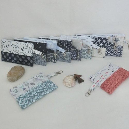 Porte monnaie zippée et mousqueton, tissu marin, rangement carte ou billets, porte monnaie d appoint femme ou enfant