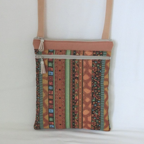 Pochette molletonnée à bandoulière 2 poches zippées, tissu ethnique, grande sacoche téléphone et documents, sac femme, fait main