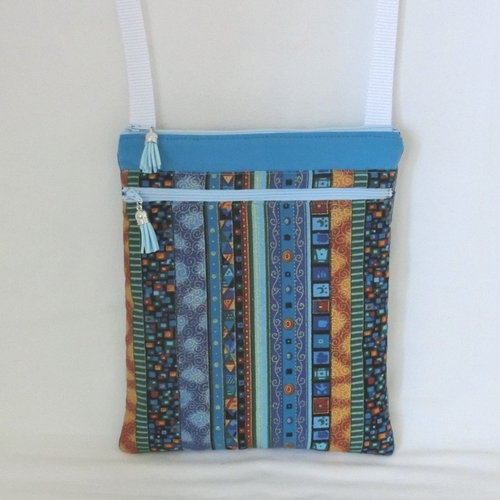 Pochette molletonnée à bandoulière 2 poches zippées, tissu ethnique, grande sacoche téléphone et documents, sac femme, fait main