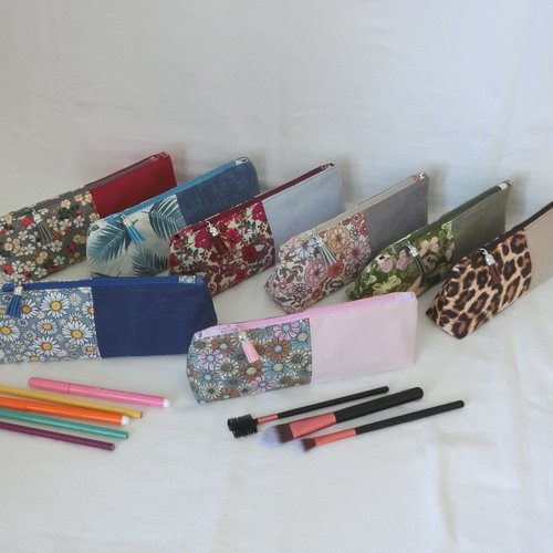 Trousse en jeans et tissu coton, pochette pour crayons ou maquillage femme, rangement accessoire école rentrée scolaire enfant