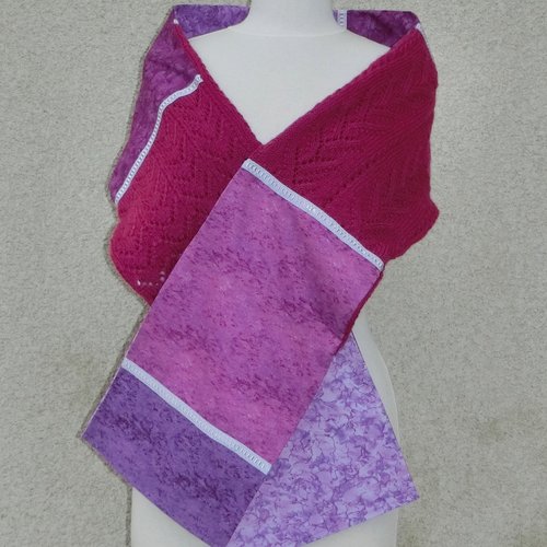 Écharpe / étole fantaisie femme, laine et tissu coton, étole écharpe tricoté fait main, accessoire mode automne hiver