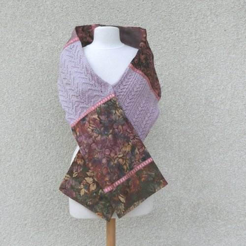 Écharpe / étole fantaisie femme, laine et tissu coton, étole écharpe tricoté fait main, accessoire mode automne hiver