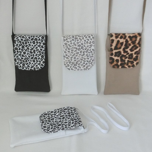 Sac bandoulière pour téléphone et documents, tissu léopard et jeans recyclé, pochette avec fermoir bouton magnétique, cadeau femme