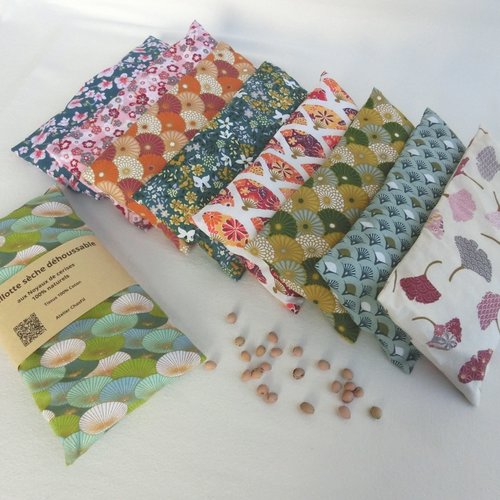 Bouillotte sèche déhoussable aux noyaux de cerises, 22 cm x 11 cm, tissu fleuri, coussin chauffant relaxant, cadeau fête noël