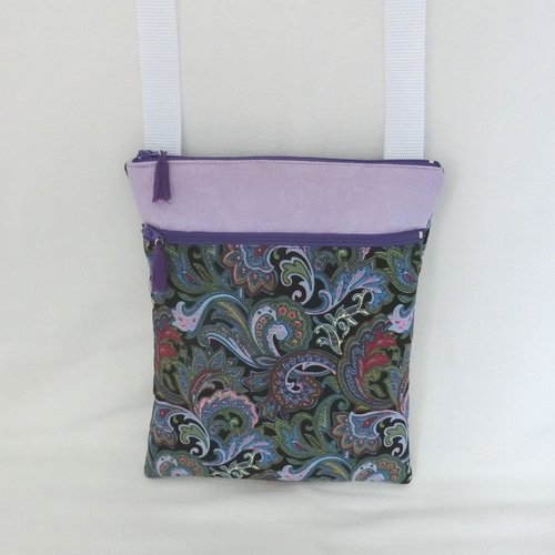 Pochette molletonnée à bandoulière 2 poches zippées, tissu paisley, sacoche femme porté épaule pour téléphone et documents