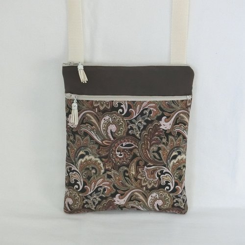 Pochette molletonnée à bandoulière 2 poches zippées, tissu paisley, sacoche femme porté épaule pour téléphone et documents