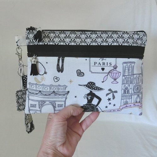 Pochette à main 2 poches zippées et dragonne, trousse à document, téléphone, tissu paris, sacoche femme