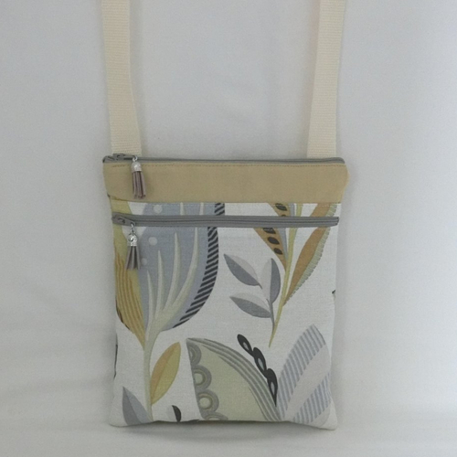 Grande pochette bandoulière 2 poches zippées, tissu fleur de crocus, sacoche téléphone et documents, sac porté épaule femme