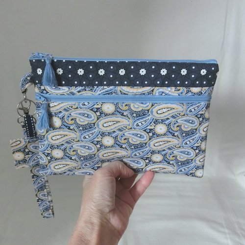 Pochette à main 2 poches zippées et dragonne, trousse à document, téléphone, maquillage, tissu paisley et éventail bio, sacoche femme