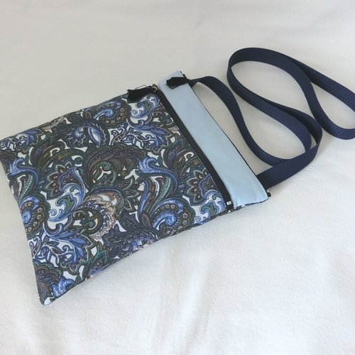 Pochette molletonnée à bandoulière 2 poches zippées, tissu paisley, sacoche femme porté épaule pour téléphone et documents