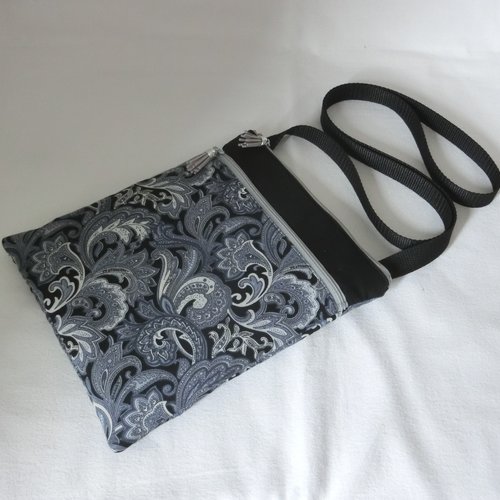 Pochette molletonnée à bandoulière 2 poches zippées, tissu paisley, sacoche femme porté épaule pour téléphone et documents