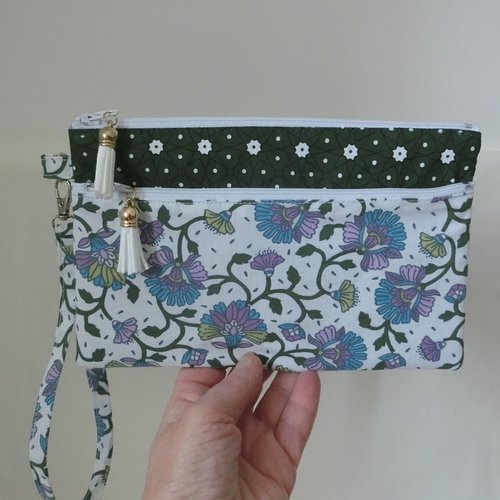 Pochette à main 2 poches zippées et dragonne, trousse à document, téléphone, maquillage, tissu paisley et éventail bio, sacoche femme