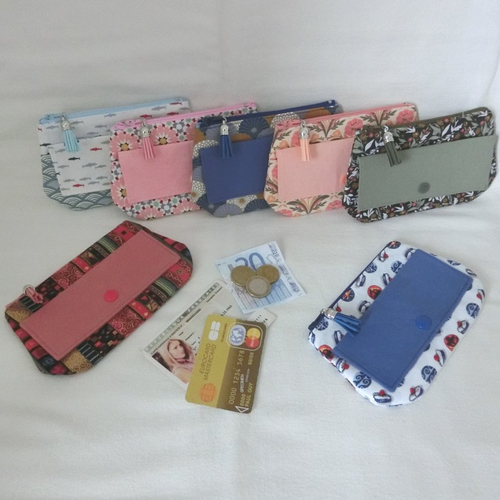 Porte monnaie zippé avec 1 poche à rabat pour document ou porte cartes, pochette à main femme, tissu coton, cadeau fait main