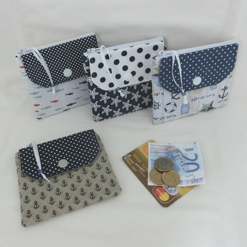 Porte monnaie d'appoint zippé, porte cartes, tissu coton marin / bord de mer / plage, cadeau femme, enfant ou homme