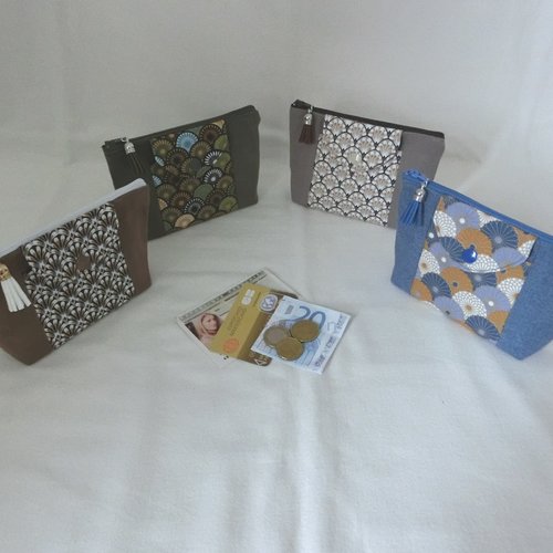 Porte monnaie zippé en jeans et coton japonais, 1 poche à rabat pour document / porte cartes, pochette petit maquillage, cadeau femme