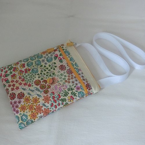 Grande pochette bandoulière 2 poches zippées, tissu summer vibes, sacoche téléphone et documents, sac porté épaule femme