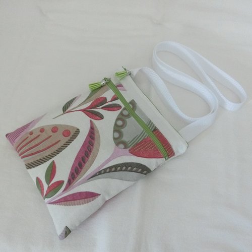 Sac pochette bandoulière 2 poches zippées, tissu fleur crocus, sacoche portée épaule à téléphone et documents, fête des mères