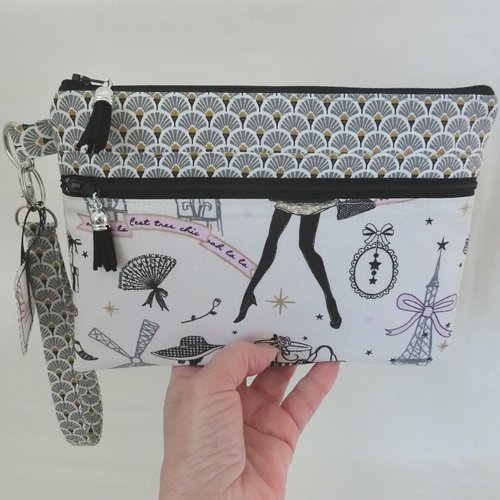 Pochette dragonne à main 2 poches zippées, trousse à document et téléphone, tissu paris, sacoche femme fête des mères