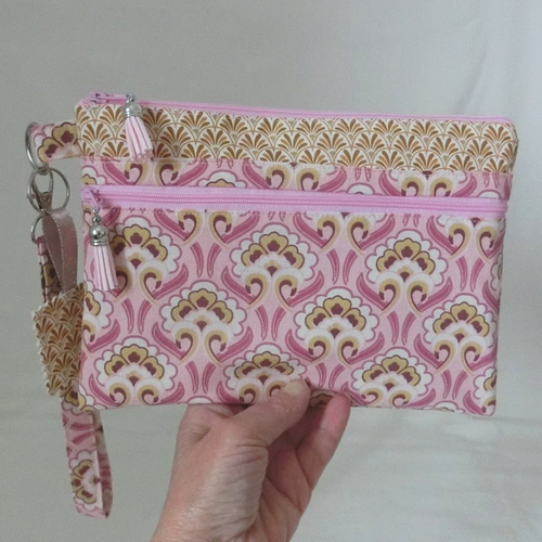 Pochette à main 2 poches zippées et dragonne, tissu fleur arabesque, trousse à document et téléphone, sacoche femme