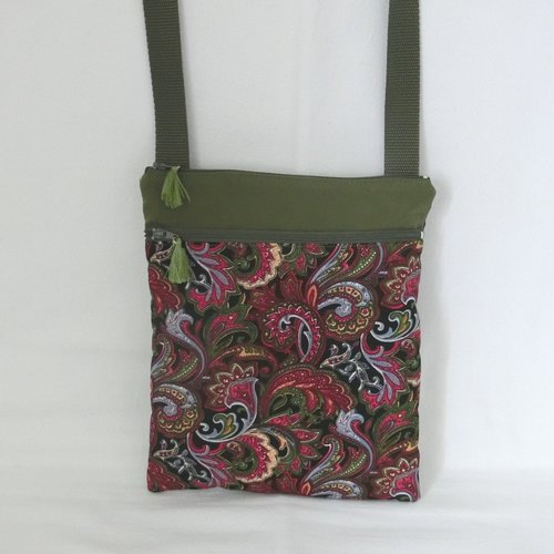 Sac pochette à bandoulière 2 poches zippées, tissu paisley, sacoche portée épaule pour téléphone et documents, cadeau femme