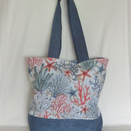 Cabas de plage, tissu corail étoile de mer et jeans recyclé, sac fourre tout porté épaule femme