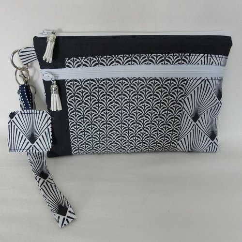Pochette dragonne à main 2 poches zippées, trousse rangement document et téléphone, tissu barocco, sacoche rentrée femme