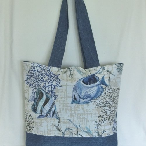 Cabas de plage, tissu corail étoile de mer et jeans recyclé, sac fourre tout porté épaule femme