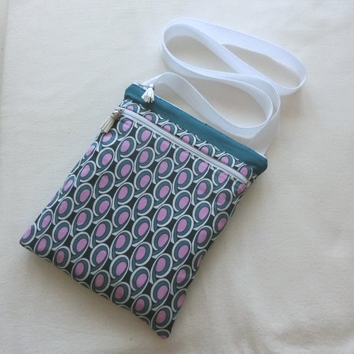 Pochette bandoulière 2 poches zippées, tissu seventies rétro, sac porté épaule pour téléphone et documents, sacoche femme