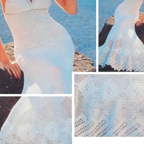 Vintage modèle chic longue robe mariage dentelles coton blanc au crochet , pour femme.patron -tutoriels en français format pdf