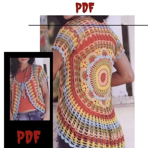 Modèle vintage, chic gilet multicolore style boho,dentelle au crochet pour femme.pattern tutoriels français en format pdf