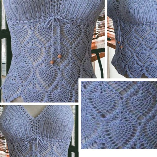 Modèle top bustier ,crochet coton pour femme.schemas,diagrammes internationaux en photo avec explications design technique  ,format pdf