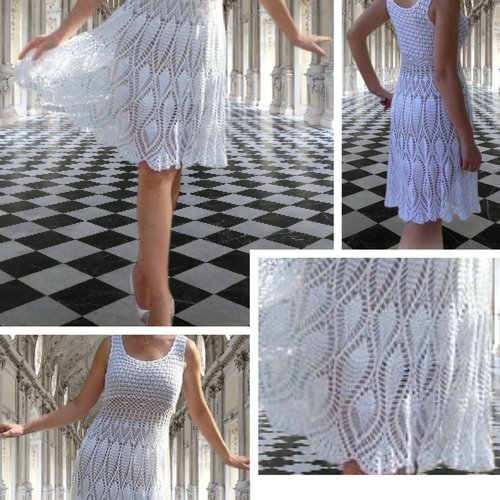 Modèle chic robe dentelle au crochet ,coton blanc.schemas,diagrammes avec explication design technique en format pdf