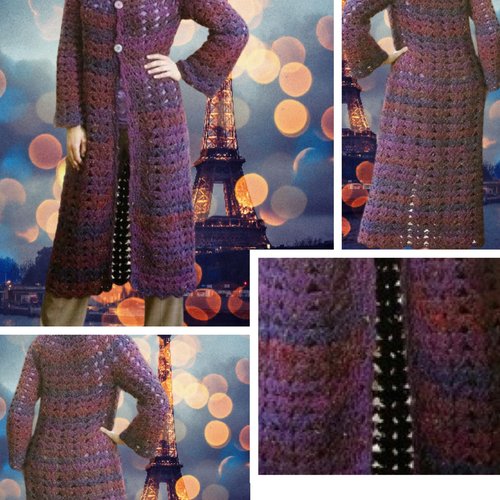 Modèle chic manteau cardigan dentelle,longue au crochet, pour femme .patron tutoriels anglais en format pdf