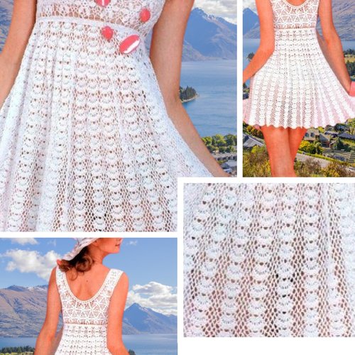 Modèle chic robe  dentelle au crochet ,coton blanc.schemas,diagrammes avec explication design technique en format pdf