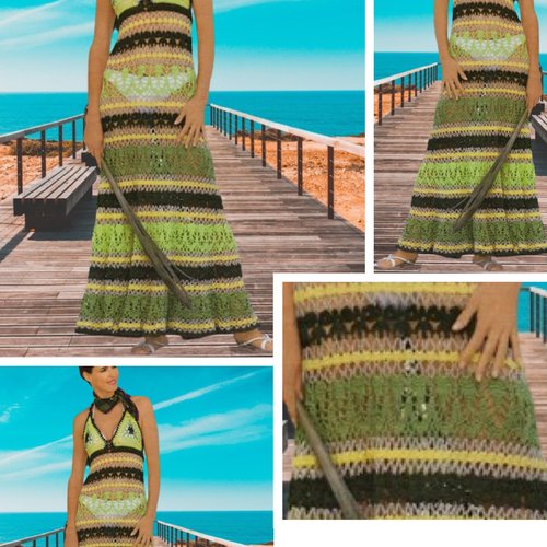 Modèles chic robe longues d’été dentelle ,coton multicolore au crochet ,patron avec tutoriels français en format pdf