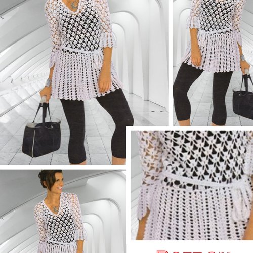 Vintage modèle chic petite robe tunique d’été,coton blanc au crochet ,pour femme.patron -tutoriels en français format pdf