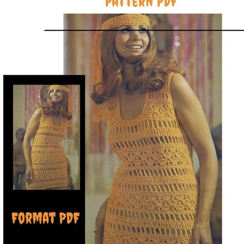 Vintage70s. modèle robe - tunique dentelles au crochet   pour femme .patron tutoriels anglais en format pdf