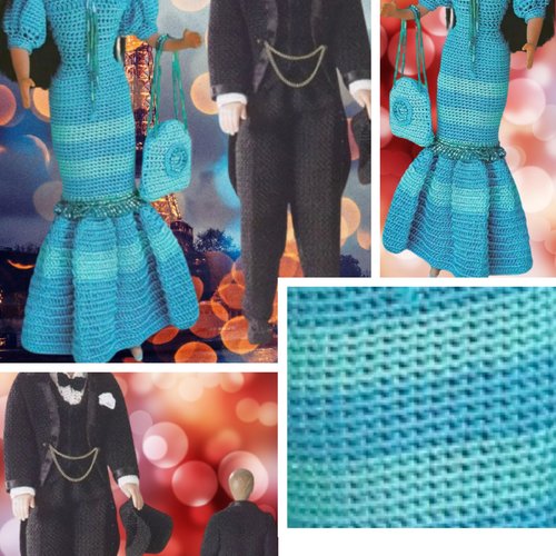 2modèles, robe dentelle au crochet pour poupée barbie et ensamble au crochet pour son mari .