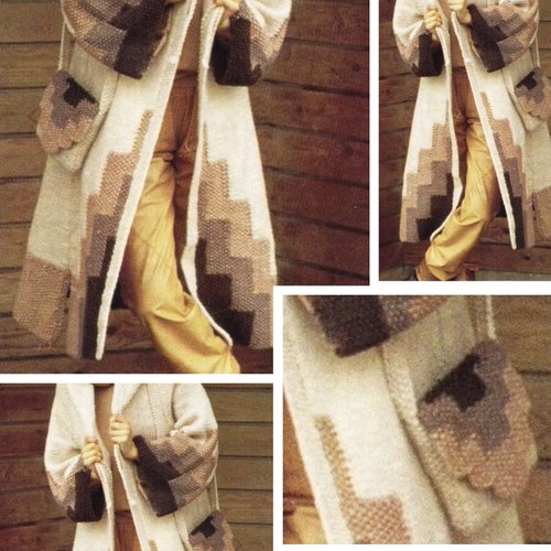 Vintage .modèle chic manteau - cardigan avec capuche et petit sac en tricot  pour femme.patron -tutoriels en français ,anglais format pdf