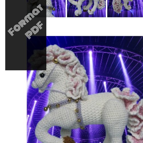 Amigurumi,modèle cheval de manège au crochet coton blanc .patron,pattern  avec explication française ,anglais en format pdf