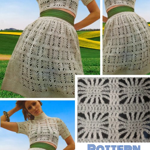 Vintage ans 70.modèle chic ensemble jupe et débardeur au crochet pour femme.patron -tutoriels en français format pdf