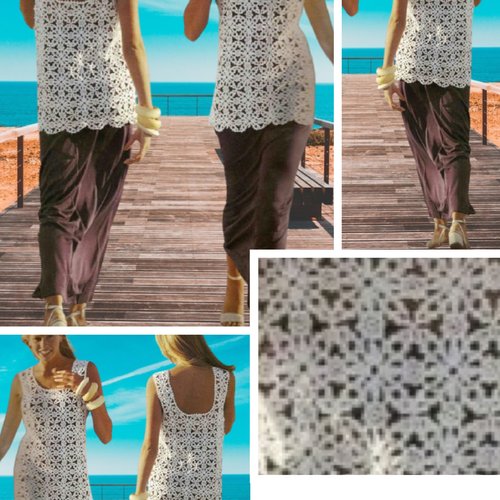 Modèle débardeur tunique ,dentelle au crochet coton blanc.patron avec tutoriel en français format pdf.