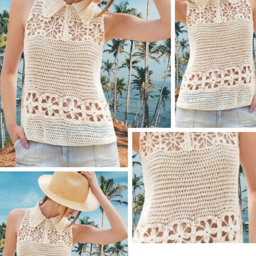 Vintage.modèle top,débardeur dentelles fantaisie coton au crochet.patron avec tutoriels français format pdf